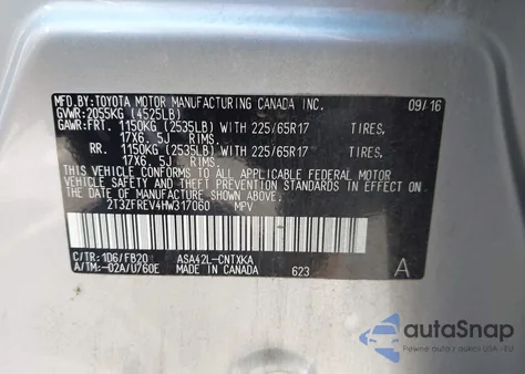 2017 Toyota Rav4 Le из США, поврежденный, VIN 2T3ZFREV4HW317060